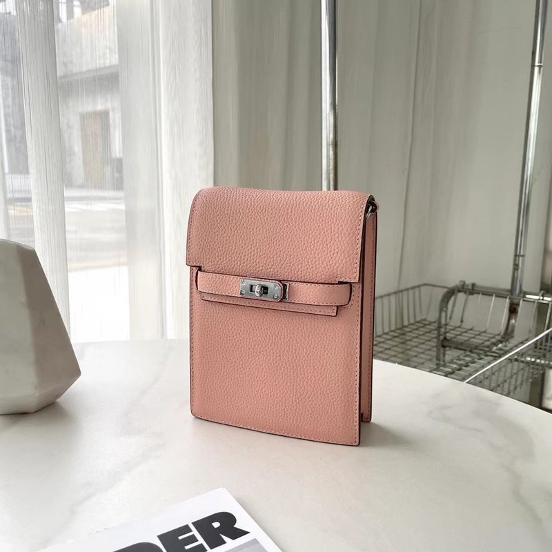 Genuine Leather Kelly Vertical Mobile Phone Bag Simple Top Layer Litchi Pattern Single Shoulder Oblique Cowhide Women'S All-Match Silver Button Bag - Image 1