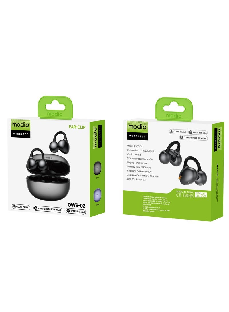 Modio OWS-02 Wireless Ear-Clip Earbuds with Charging Case With Multi Functional Touch Control Crystal Clear Microphone and Long Battery Life Black - Image 3