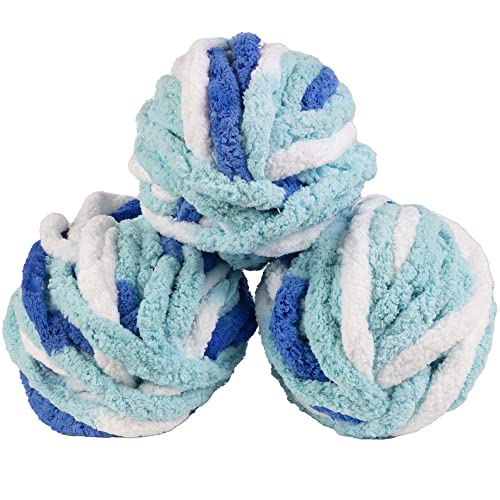 SCS Direct iDIY Chunky Chenille Yarn 3 Pack (72 Yards)- Soft Tie Dye White, Light Blue, Dark Blue Skeins for Arm Knitting, Crochet, DIY Crafts, Blankets, Scarves, Rugs, Holiday & Xmas Homemade Gifts, Cozy, 20mm - Image 1