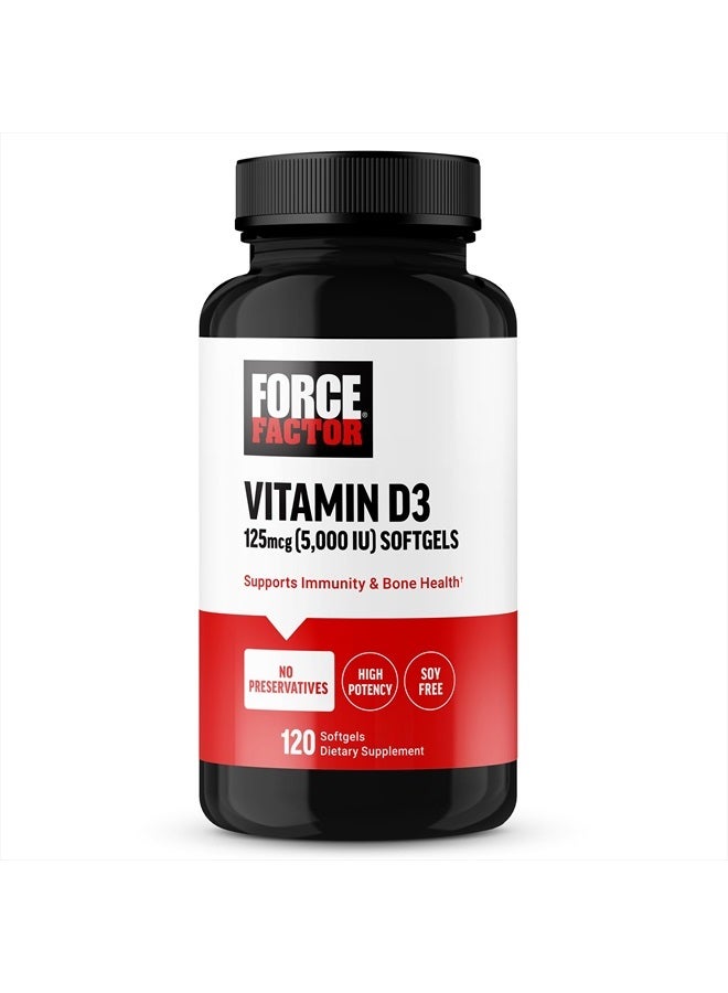 Force Factor FORCE FACTOR Vitamin D3 5000 IU Softgels, High-Potency Vitamin D Supplement to Support Immunity and Bone Health, Premium Quality, No Preservatives, 120 Softgels  - Image 1