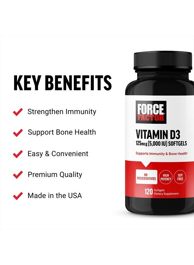 Force Factor FORCE FACTOR Vitamin D3 5000 IU Softgels, High-Potency Vitamin D Supplement to Support Immunity and Bone Health, Premium Quality, No Preservatives, 120 Softgels  - Image 2