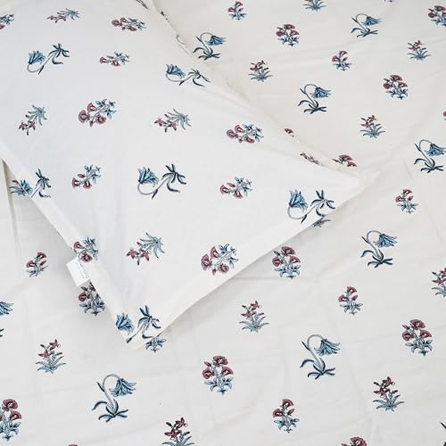 Plumora Cotton King Size Bedsheet 108x108 Super King, 100% Pure Cotton Bed Sheet with 2 Pillow Covers, 240 TC Soft Breathable Floral Design Bedding - (Blue Blooms, King) - Image 4