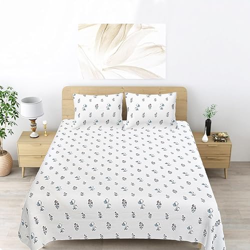 Plumora Cotton King Size Bedsheet 108x108 Super King, 100% Pure Cotton Bed Sheet with 2 Pillow Covers, 240 TC Soft Breathable Floral Design Bedding - (Blue Blooms, King) - Image 1