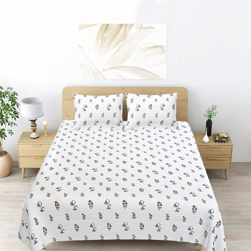 Plumora Cotton King Size Bedsheet 108x108 Super King, 100% Pure Cotton Bed Sheet with 2 Pillow Covers, 240 TC Soft Breathable Floral Design Bedding - (Blue Blooms, King) - Image 5