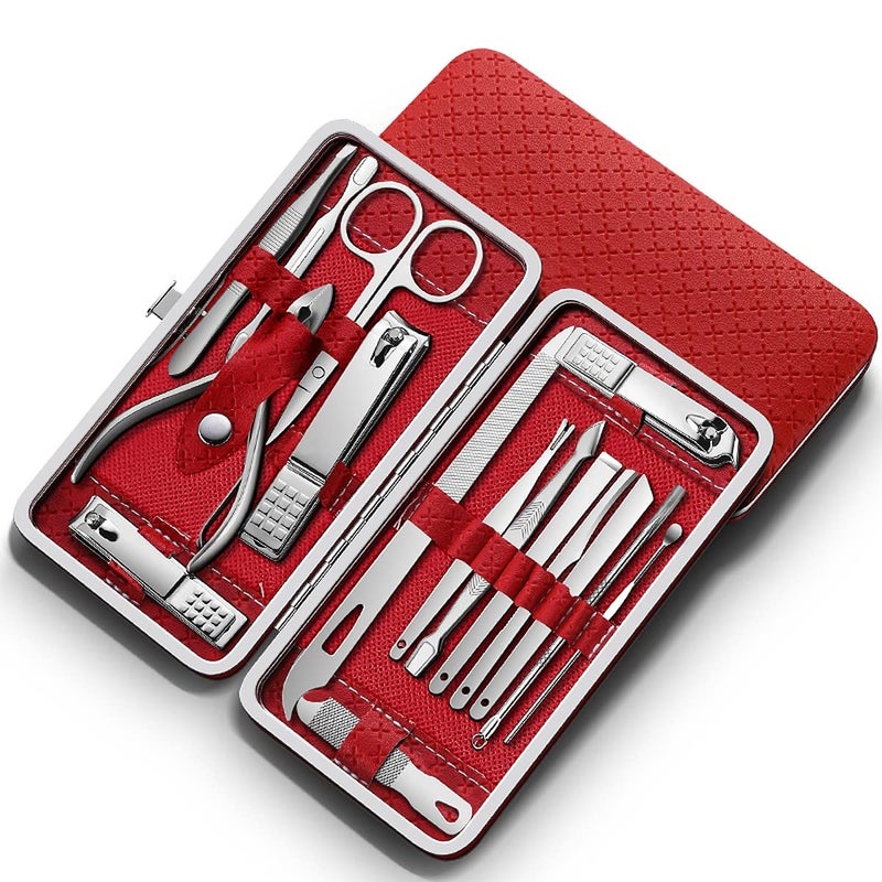 Wolpin 16 Pcs Manicure Kit Set Nail Clippers Pedicure Kit Stainless Steel Manicure Kit Professional Grooming Kit Scissors Acne needle Blackhead Tool with Travel Case - Image 1