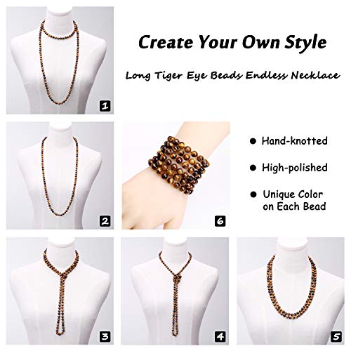 PEARLADA Vintage Tiger Eye Endless Necklace Long Beaded Necklace Handmade Knotted Jewelry for Women Girls Fashion Gemstone Strand Necklace - Image 5