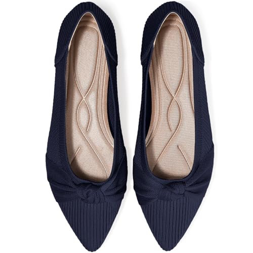 TINGRISE Women's Flats Shoes Comfortable Dressy Pointed Toe Knit Washable Ballet Flat Navy US6.5 - Image 1