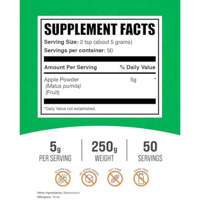 BulkSupplements.com Apple Powder - Apple Fruit Powder, Fiber Supplement for Digestive Support - Natural & Gluten Free, 5g per Serving, 250g (8.8 oz) (Pack of 1) - Image 2