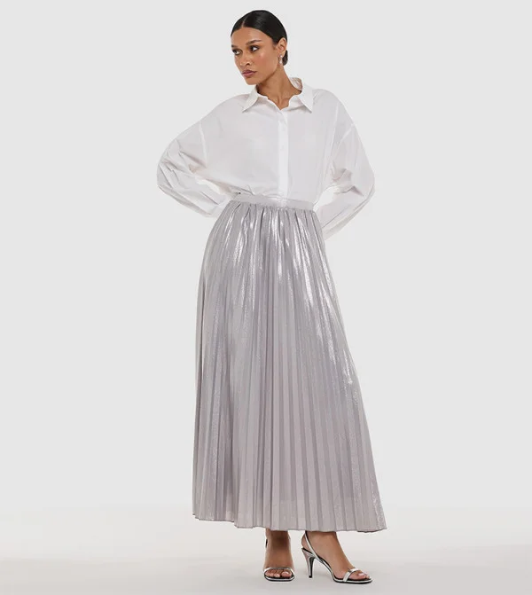بي سي بي جي BCBG Solid Metallic Pleated Skirt