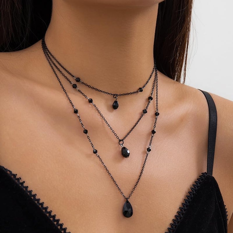 Cicod Gothic Y Necklace,Goth Black Red Crystal Bead Teardrop Necklace,Punk Y Necklace,Halloween Christmas New Year Jewelry Vampire Accessories for Women (Black 3) - Image 3