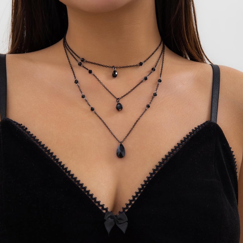 Cicod Gothic Y Necklace,Goth Black Red Crystal Bead Teardrop Necklace,Punk Y Necklace,Halloween Christmas New Year Jewelry Vampire Accessories for Women (Black 3) - Image 2