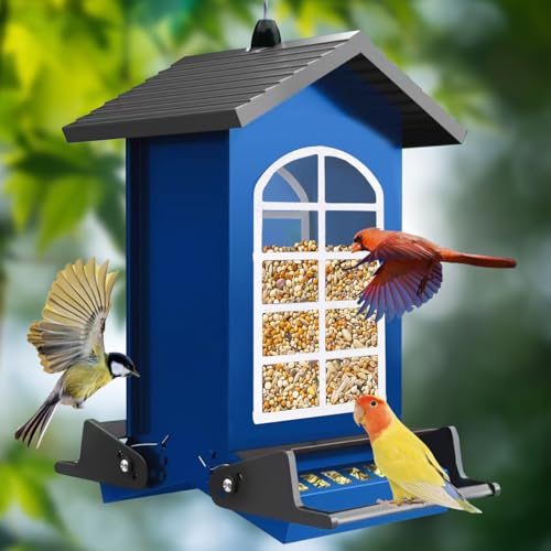 LUKCOZMO Bird Feeder Squirrel Proof Metal Hanging for Outdoor Wild Bird Seed 5LBS with Bilateral WeightActivated Perches Heavy Duty Bird Feeders for Outside Wild Bird Blue - Image 1