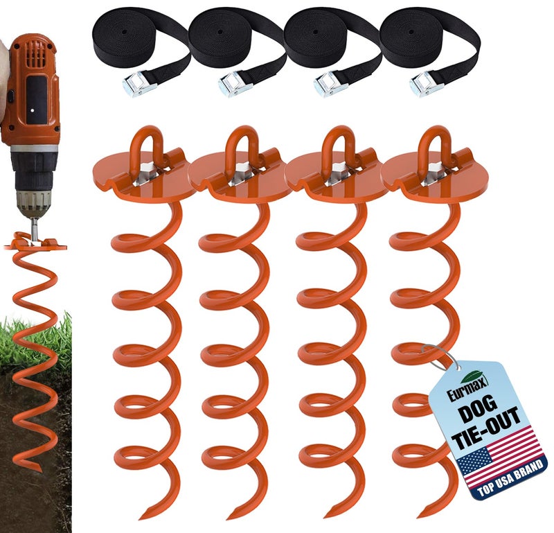 Eurmax USA 4-Pc Pack Spiral Stakes Heavy Duty Anchor Kit Ice Screw Anchor for Trampoline, Tents, tarps, Canopies,car Ports,Dog tie Out and etc Bonus Tie Down Straps 4-Pc Pack (Orange) - Image 1