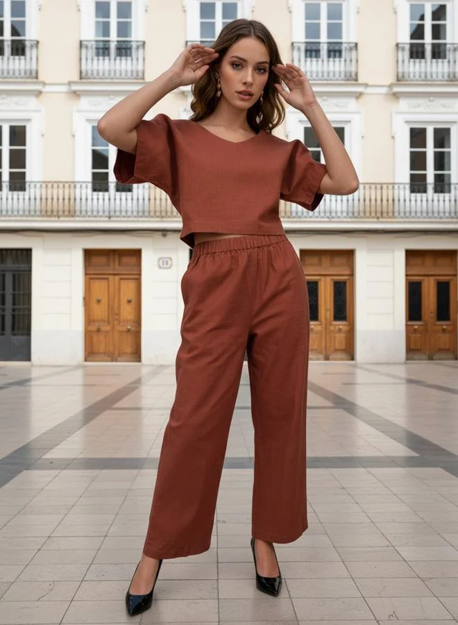 Freehand  Brown V Neck Crop Top and Pants Co-ords for Women | Best Price UAE
