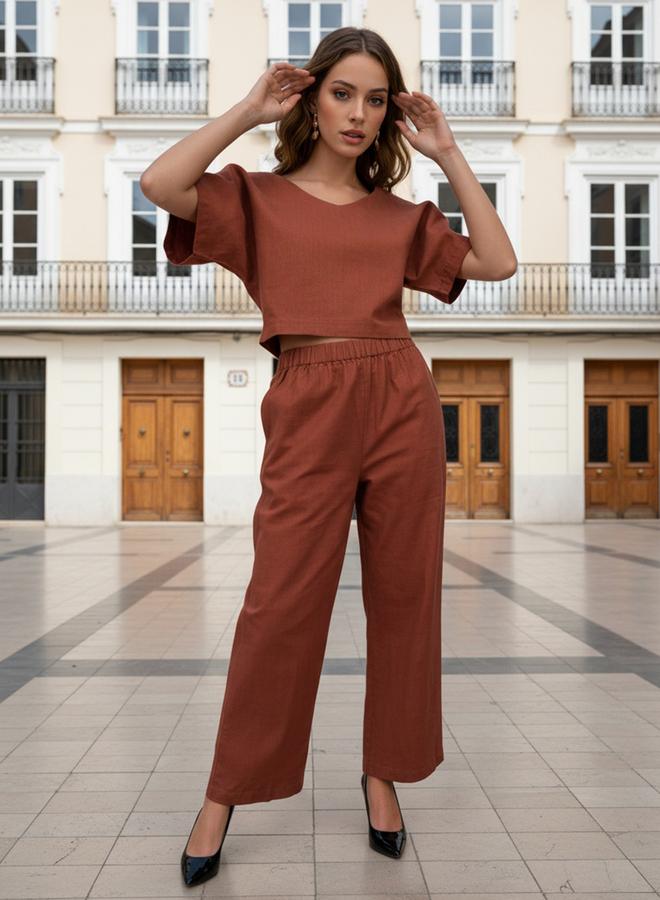 مرفوعة طقم بلوزة قصيرة مع بنطال - Image 4