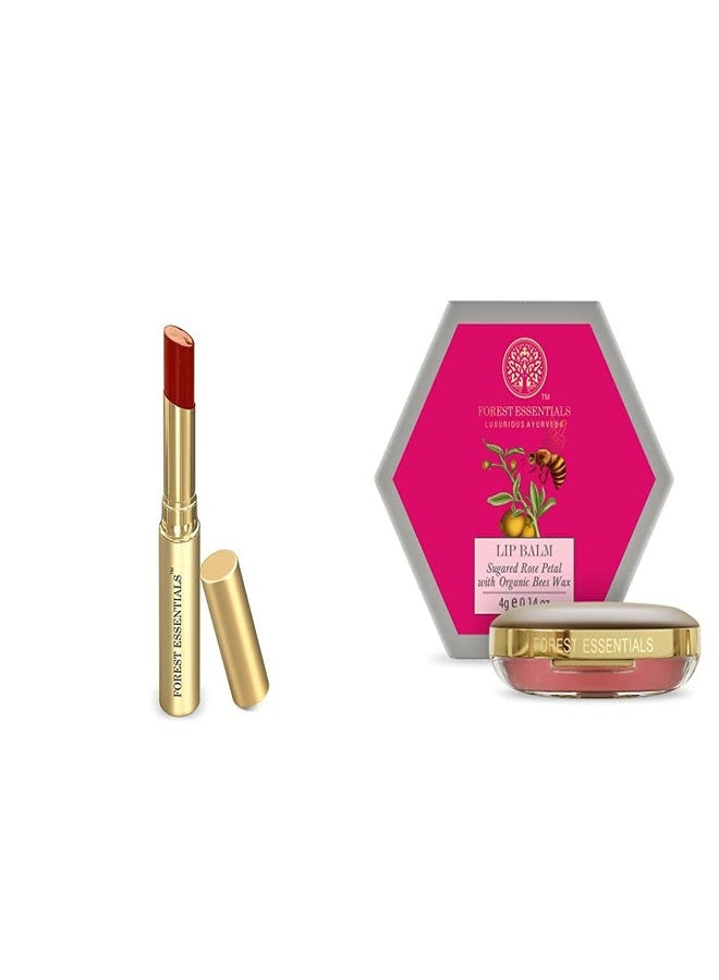 Forest Essentials Tinted Lip Serum Madhu Rasa Anar Rasa 2.2 g, Maroon (brownish crimson & Forest Essentials Luscious Sugared Rose Petal Lip Balm, 4g