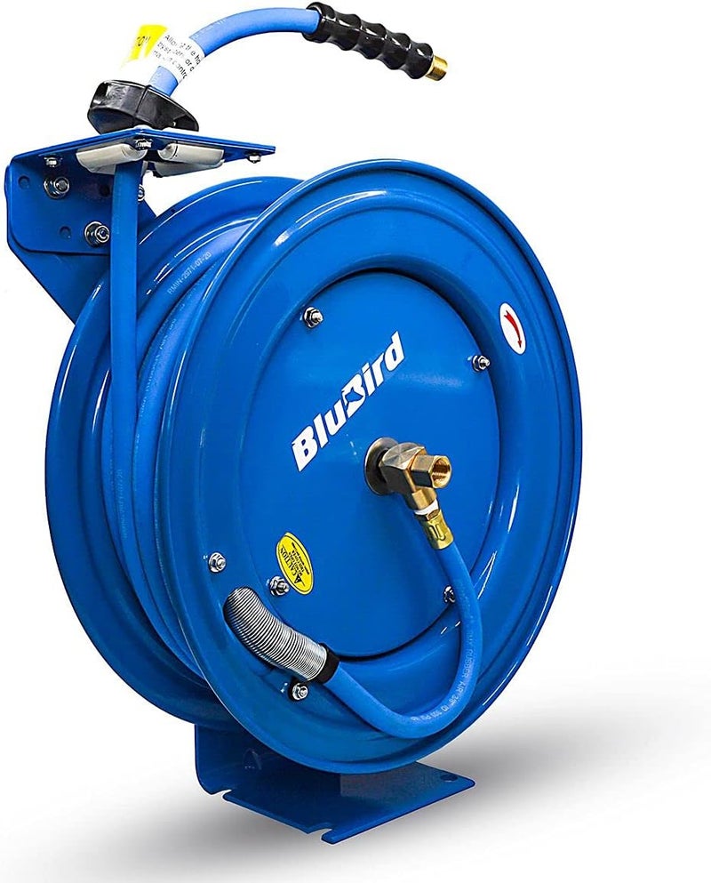 BLUBIRD BBRHD3850 18ga Retractable Hose Reel with 38 X 50 Air Hose 12 Point Ratcheting Gear NextGen Rubber Lightest Strongest Most Flexible 300 PSI 50F to 190F Degrees Polyester Braided