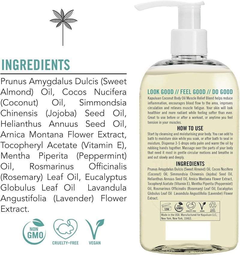 Kapuluan Massage Body Oil  Muscle Relief Blend with Arnica Peppermint  Rosemary  for Muscles Joints Full Body Massage 8oz - Image 3