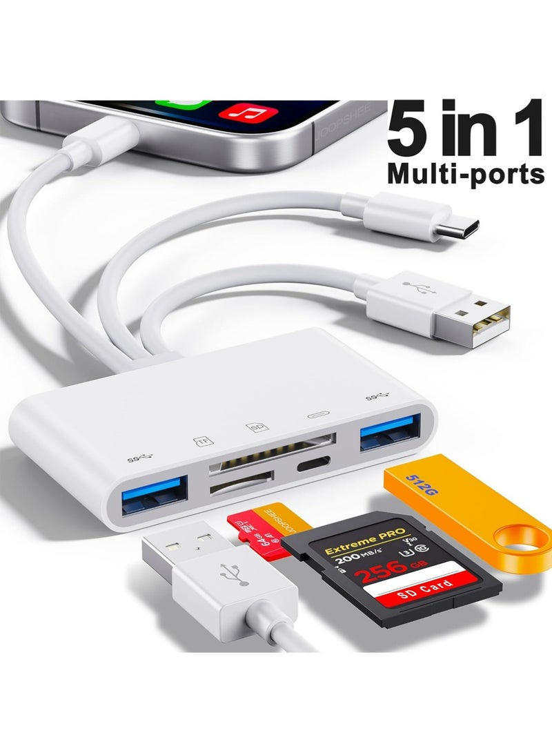 يوجي قارئ بطاقة الذاكرة 5 في 1 ، محول USB OTG لـ i-Phone / i-Pad ، أجهزة USB C و USB A مع فتحات بطاقة Micro SD و SD ، SDHC / SDXC / MMC ، Plug Play لـ iOS Android - Image 1
