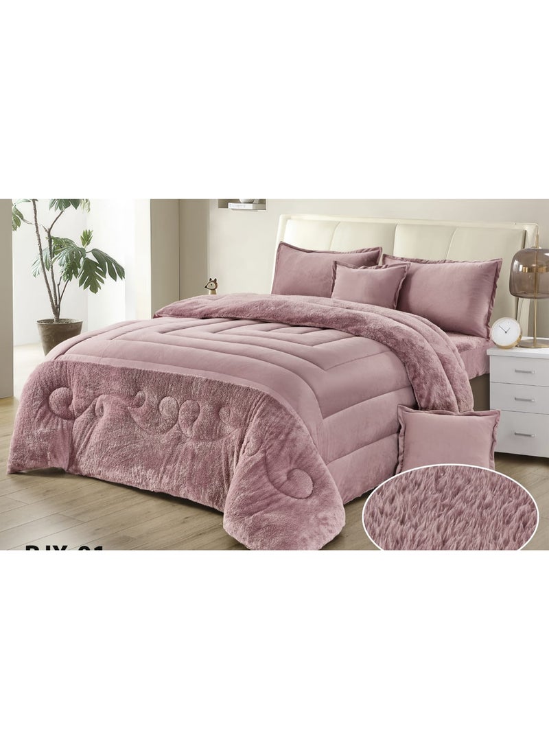مون مفرش سرير نفرين شتوي يتكون من 6 قطع بتصميم مخمل السادة والفرو مقاس اللحاف 240x220 سم - Image 1