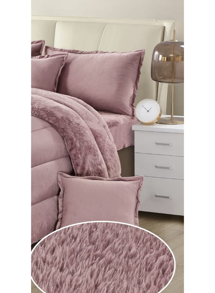 مون مفرش سرير نفرين شتوي يتكون من 6 قطع بتصميم مخمل السادة والفرو مقاس اللحاف 240x220 سم - Image 2