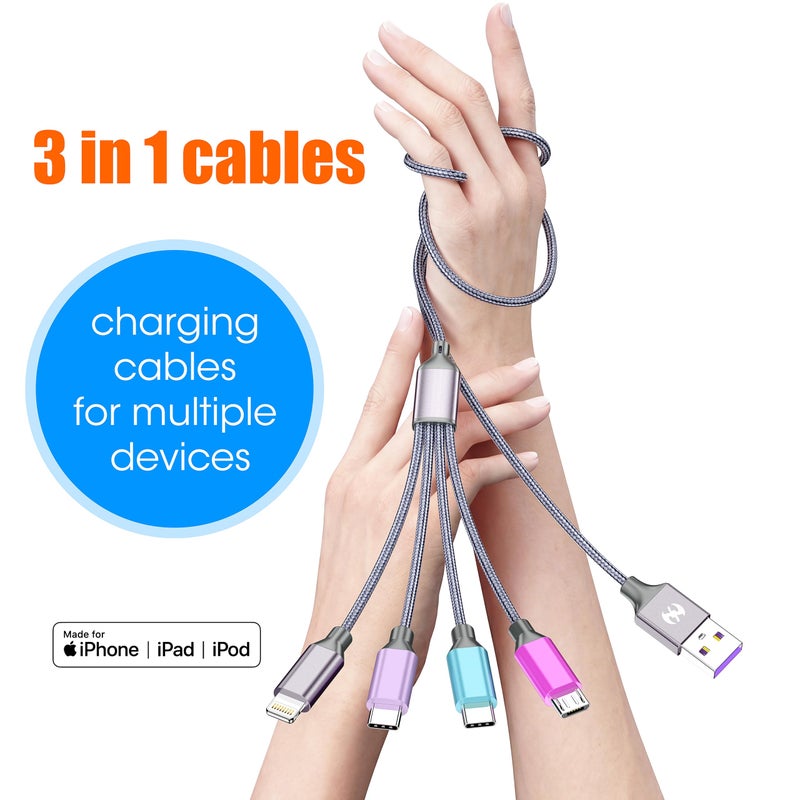 HYXing Multi Charging Cable 4ft 2Pack, Doub Tyep-C 4 in 1 Charging cable Nylon Braided Lightning iPhone Charger,Universal Charger Phone Cord With Type-C,Micro USB,IP Port for iPhone17-5/Android -Multicolor - Image 2