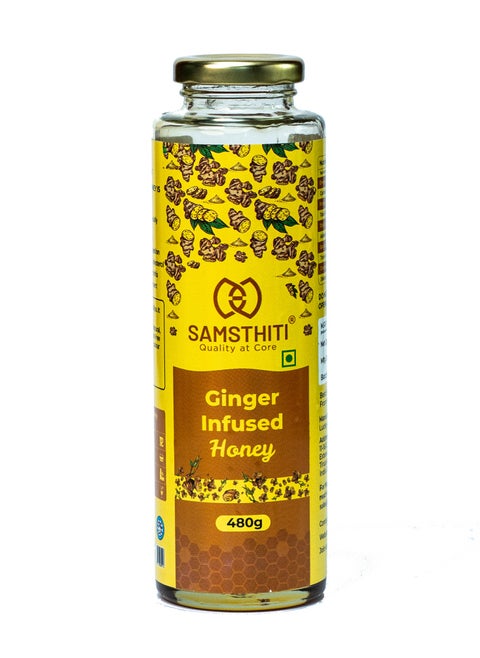 Ginger Infused Honey, Organic Herbal Nectar, 100% Raw Natural Honey with Ginger Extract, No Added Sugar or Preservatives, Ayurvedic Immunity Booster, Natural Sweetener for Cough, Digestion, Cold & Wellness – 480g