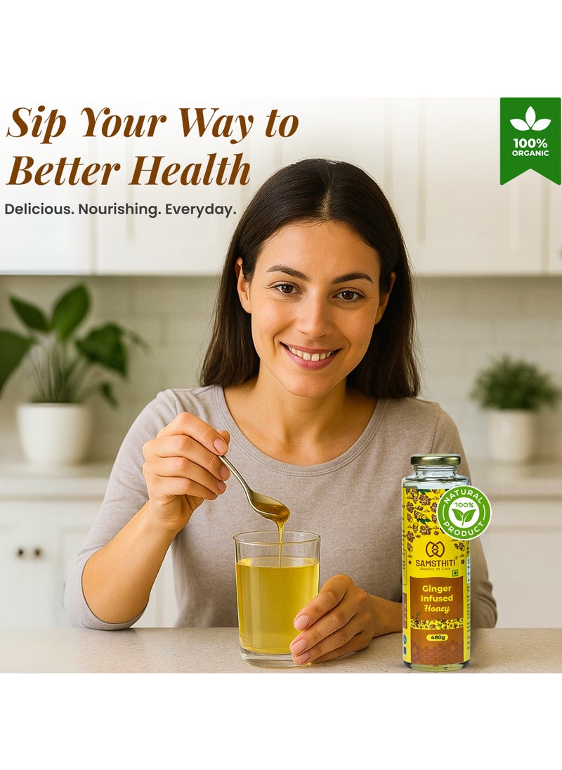 Ginger Infused Honey, Organic Herbal Nectar, 100% Raw Natural Honey with Ginger Extract, No Added Sugar or Preservatives, Ayurvedic Immunity Booster, Natural Sweetener for Cough, Digestion, Cold & Wellness – 480g