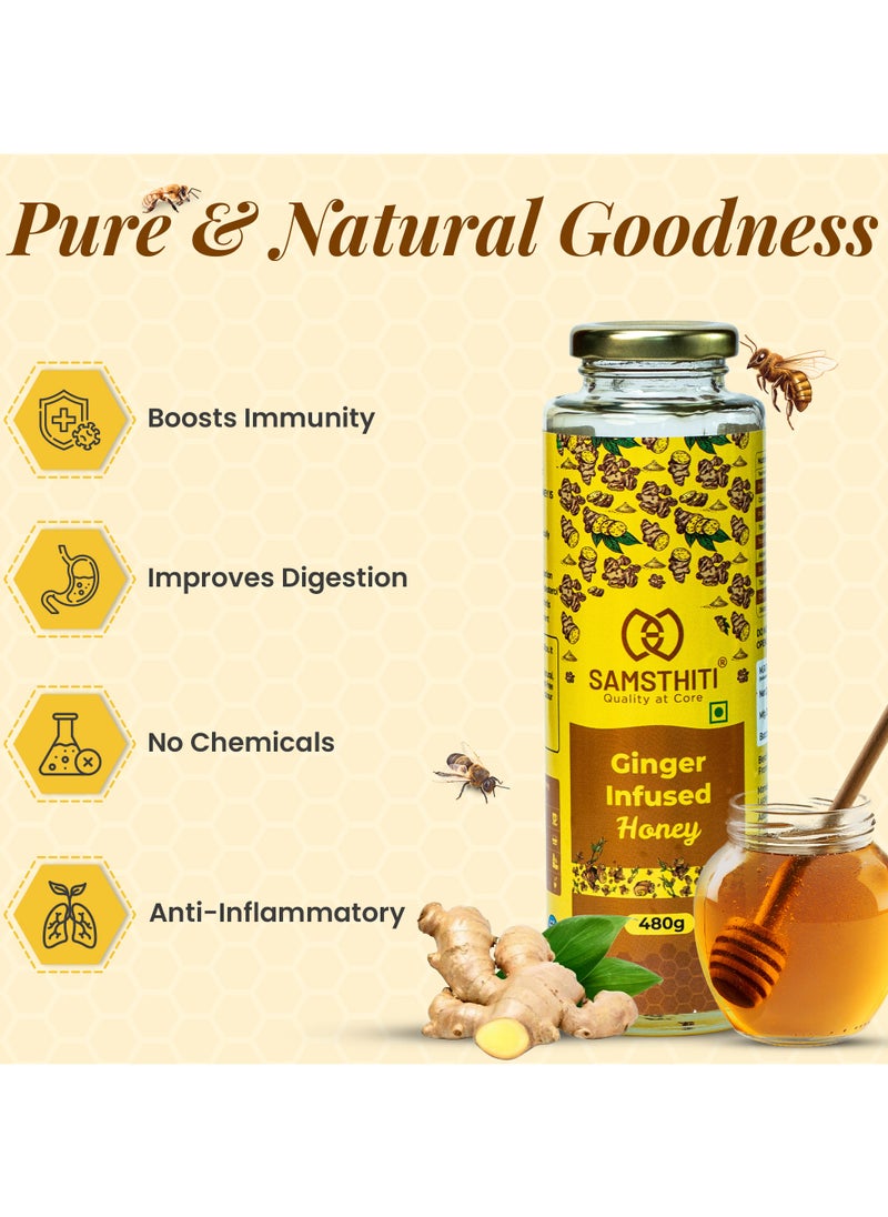 Ginger Infused Honey, Organic Herbal Nectar, 100% Raw Natural Honey with Ginger Extract, No Added Sugar or Preservatives, Ayurvedic Immunity Booster, Natural Sweetener for Cough, Digestion, Cold & Wellness – 480g