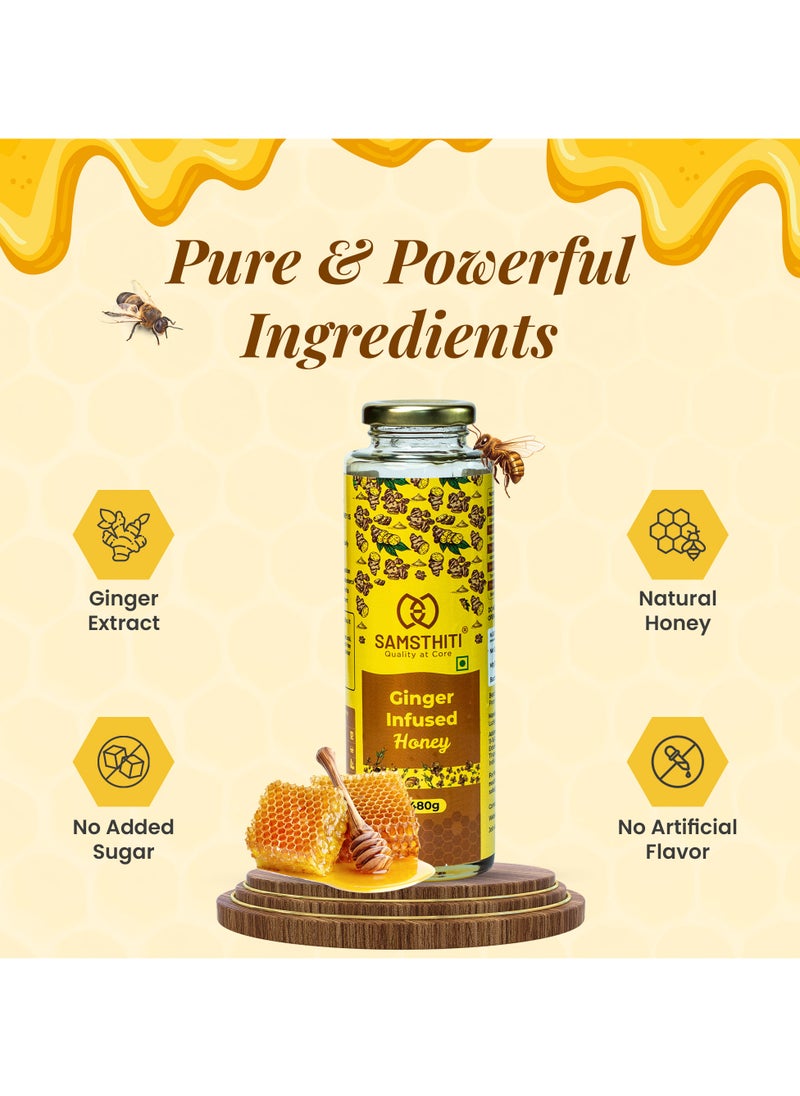 Ginger Infused Honey, Organic Herbal Nectar, 100% Raw Natural Honey with Ginger Extract, No Added Sugar or Preservatives, Ayurvedic Immunity Booster, Natural Sweetener for Cough, Digestion, Cold & Wellness – 480g