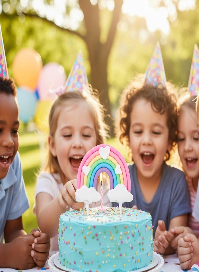 Elegaperma Pastel Rainbow Cake Topper,Cute Colorful Cloud and Heart Rainbow Cake Topper, Soft Pottery Pastel Rainbows Birthday Cakes Decorations Supplies for Boys Girls Happy Birthday Party Wedding - Image 4