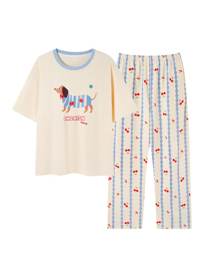 Yalu 100% Cotton Women's Pajamas With Built-in Bra Pads Short Sleeve Long Pants Summer Thin Loose-fit Can Be Worn Out Home Wear