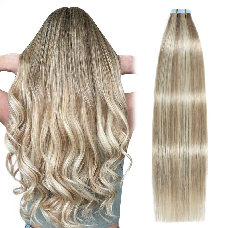 SUYYA Tape in Hair Extensions Human Hair Ash Blonde Highlighted Bleach Blonde 18 Inch 50gpack 20pcs Straight Seamless Skin Weft Tape in Real Human Hair Extensions18inch P18613