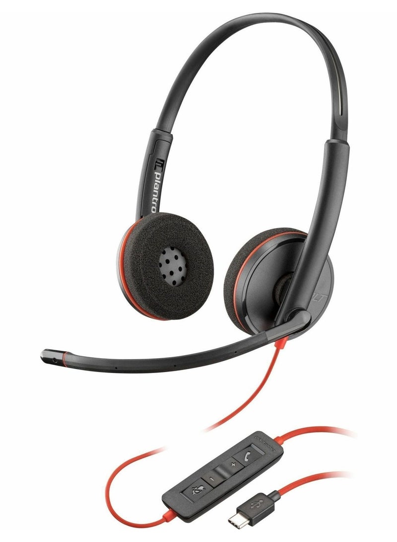Poly Poly Blackwire 3220 Stereo USB-C Headset, Noise-Canceling Boom Mic, On-Ear, USB Type-C/A Adapter, 32 Ohm Impedance, 200 Hz to 20 kHz Speaker Bandwidth, 100 Hz to 10 kHz Microphone Bandwidth, Dynamic EQ, SoundGuard 1 Acoustic Protection, PC/Mac Compatible,  Bulk Packaging | 8X228A6 