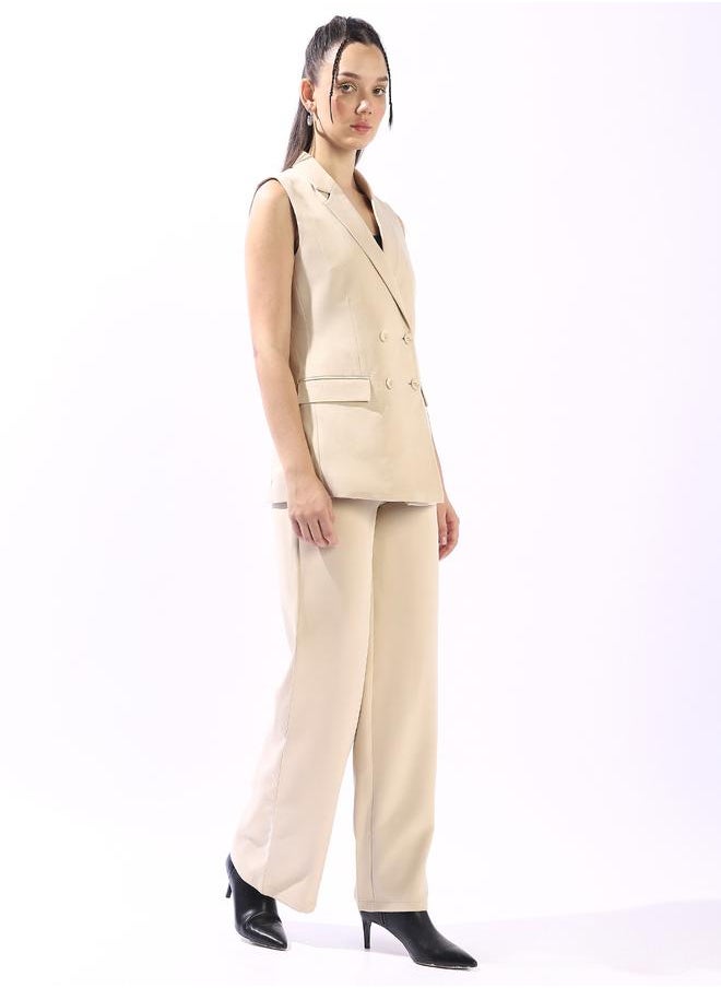 HIGH STAR Women's Beige Polyester Blend Solid Double-Breasted Button Down Vest Full Chinos Tailored Fit Co-Ords  - Image 2