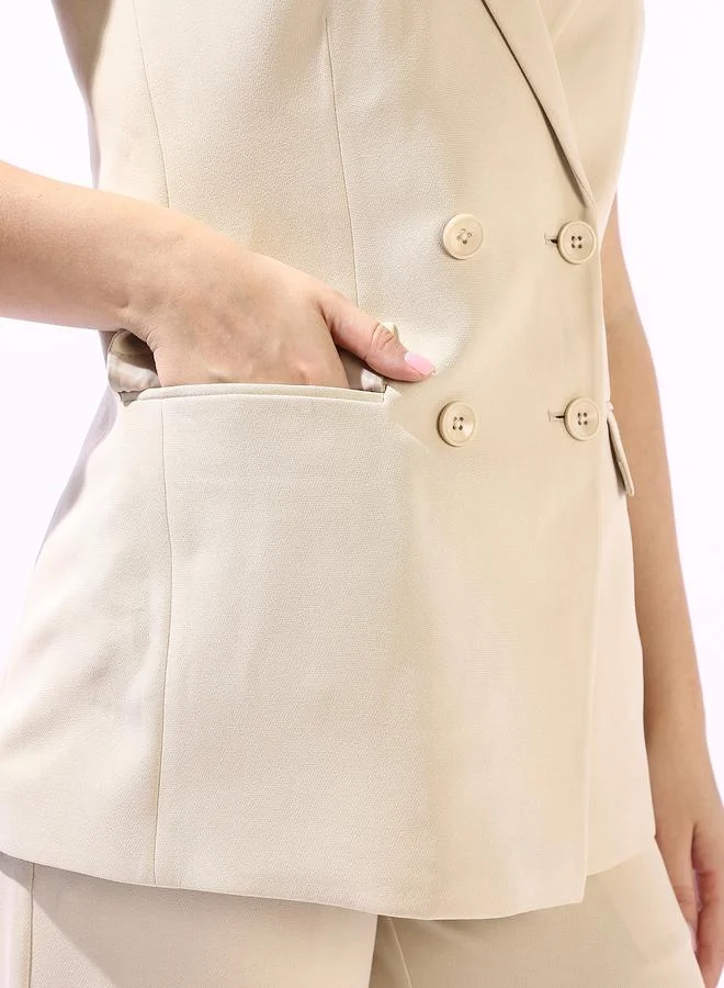 HIGH STAR Women's Beige Polyester Blend Solid Double-Breasted Button Down Vest Full Chinos Tailored Fit Co-Ords