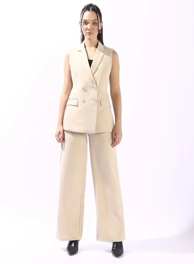 HIGH STAR Women's Beige Polyester Blend Solid Double-Breasted Button Down Vest Full Chinos Tailored Fit Co-Ords