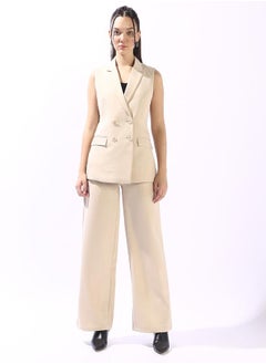 HIGH STAR Women's Beige Polyester Blend Solid Double-Breasted Button Down Vest Full Chinos Tailored Fit Co-Ords  - Image 5