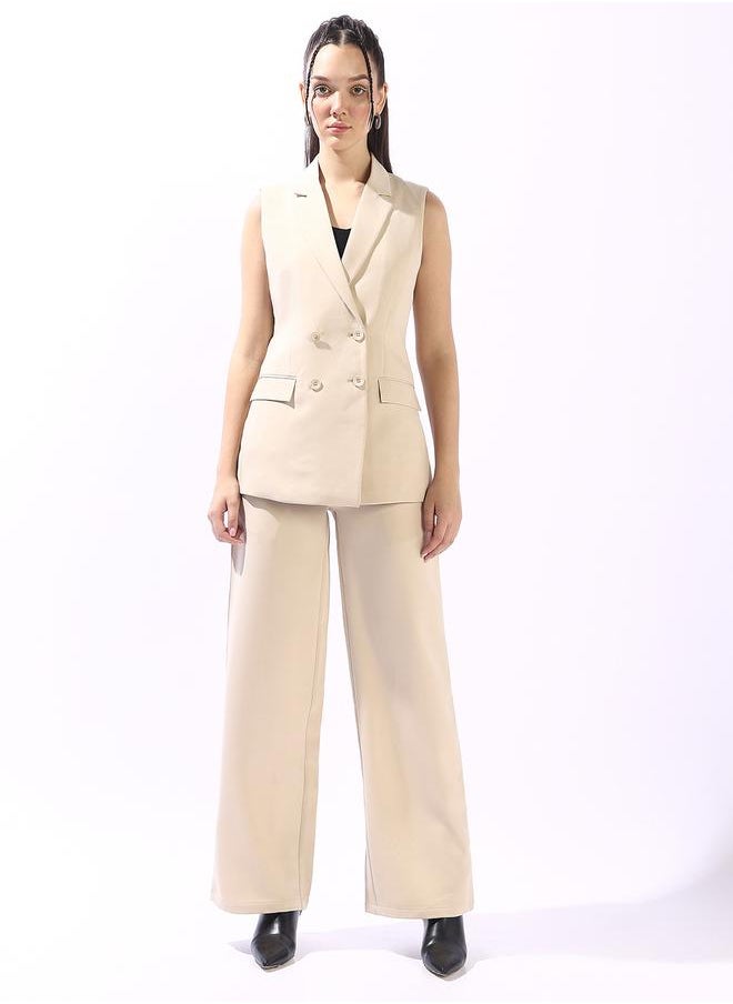 HIGH STAR - Women's Beige Polyester Blend Solid Double-Breasted Button Down Vest Full Chinos Tailored Fit Co-Ords - Image 1