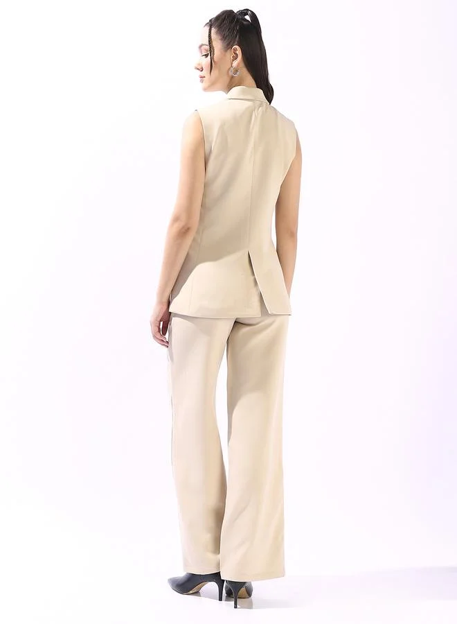 HIGH STAR Women's Beige Polyester Blend Solid Double-Breasted Button Down Vest Full Chinos Tailored Fit Co-Ords