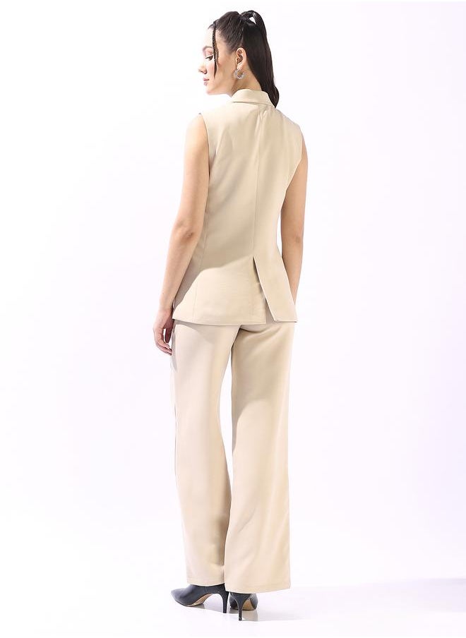 HIGH STAR Women's Beige Polyester Blend Solid Double-Breasted Button Down Vest Full Chinos Tailored Fit Co-Ords  - Image 3