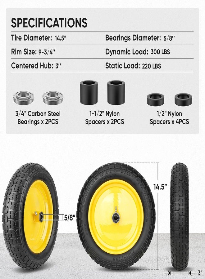 TICONN 4.80/4.00-8 Tire, 14.5" Flat Free Wheelbarrow Tire and Wheel, Solid Replacement Tires with 3" Centered Hub, 5/8" 3/4" Bearings, Universal Fit 4.80/4.00-8, 3.50/3.00-8, 4.00-6 (Yellow) - Image 4