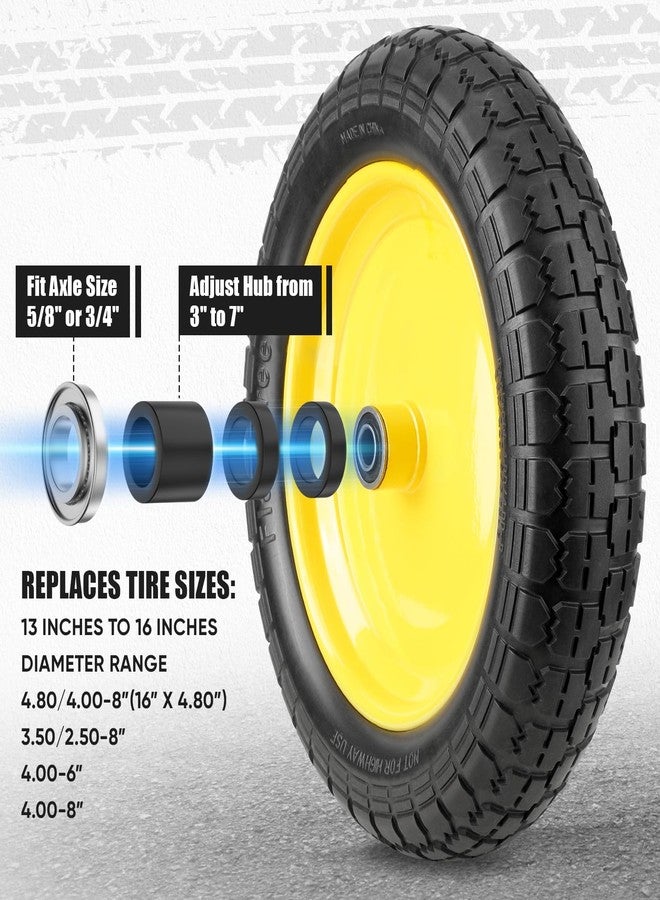 TICONN 4.80/4.00-8 Tire, 14.5" Flat Free Wheelbarrow Tire and Wheel, Solid Replacement Tires with 3" Centered Hub, 5/8" 3/4" Bearings, Universal Fit 4.80/4.00-8, 3.50/3.00-8, 4.00-6 (Yellow) - Image 3