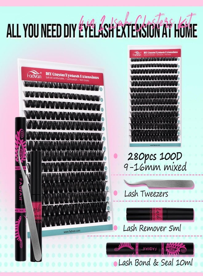FADVAN Lash Extension Kit Thick Cluster Eyelash Extensions 9-16mm Volume Lash Clusters 100D Individual Eyelashes Kit with Lash Bond And Seal,Remover Tweezers For Beginner (100D, 0.07D, 9-16mm, Kit) - Image 2