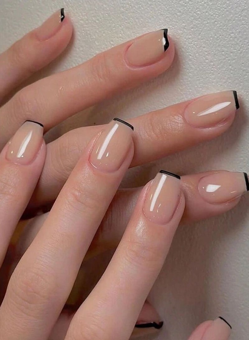 اظافر تركيب باللون البيج الكلاسيكي مع الفرنسي باللون الأسود 24 قطعة - Image 1