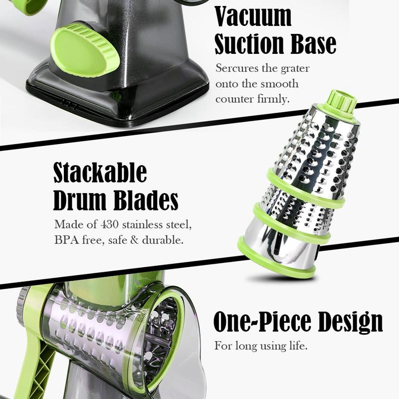 EDEFISY Cheese Grater Hand Crank 3-in-1-18X Faster Rotary Vegetable Shredder with Interchangeable Blades, Non-Slip Suction Base, Dishwasher Safe (Low Temperature) - Image 3