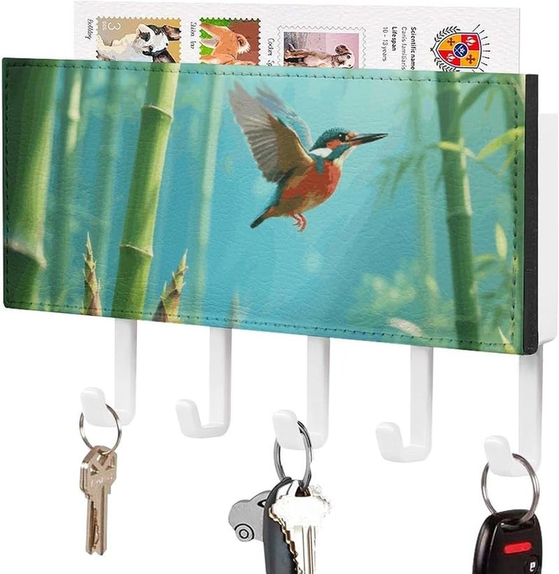 حامل مفاتيح جدار البامبو مع 5 خطاطيف من جلد البولي يوريثان، منظف مفاتيح، تخزين المدخل - Image 2