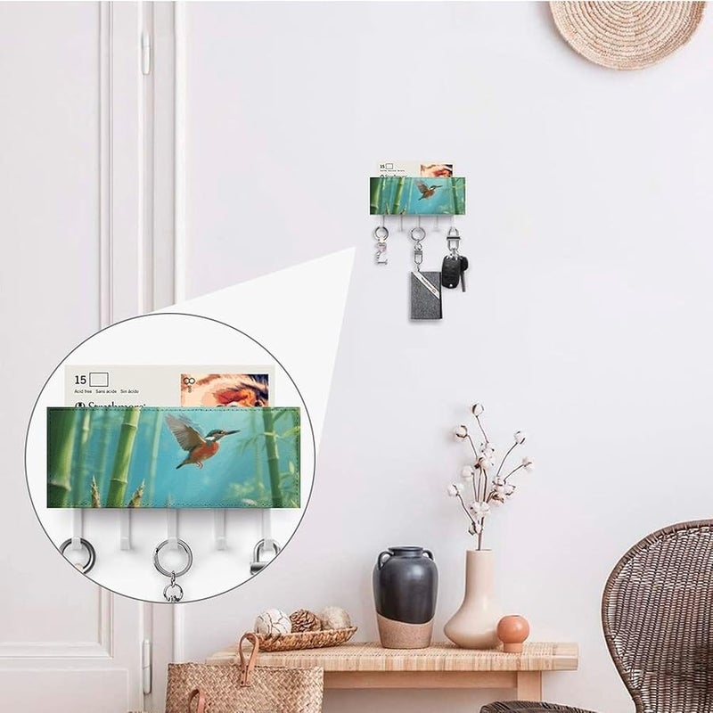 حامل مفاتيح جدار البامبو مع 5 خطاطيف من جلد البولي يوريثان، منظف مفاتيح، تخزين المدخل - Image 5