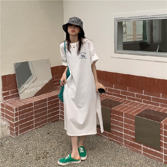 2024 Summer Korean style plus size womens loose split over-the-knee T-shirt skirt casual western style letter print dress White - Image 1