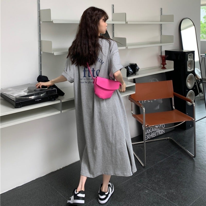 2024 Summer Korean style plus size womens loose split over-the-knee T-shirt skirt casual western style letter print dress White - Image 5